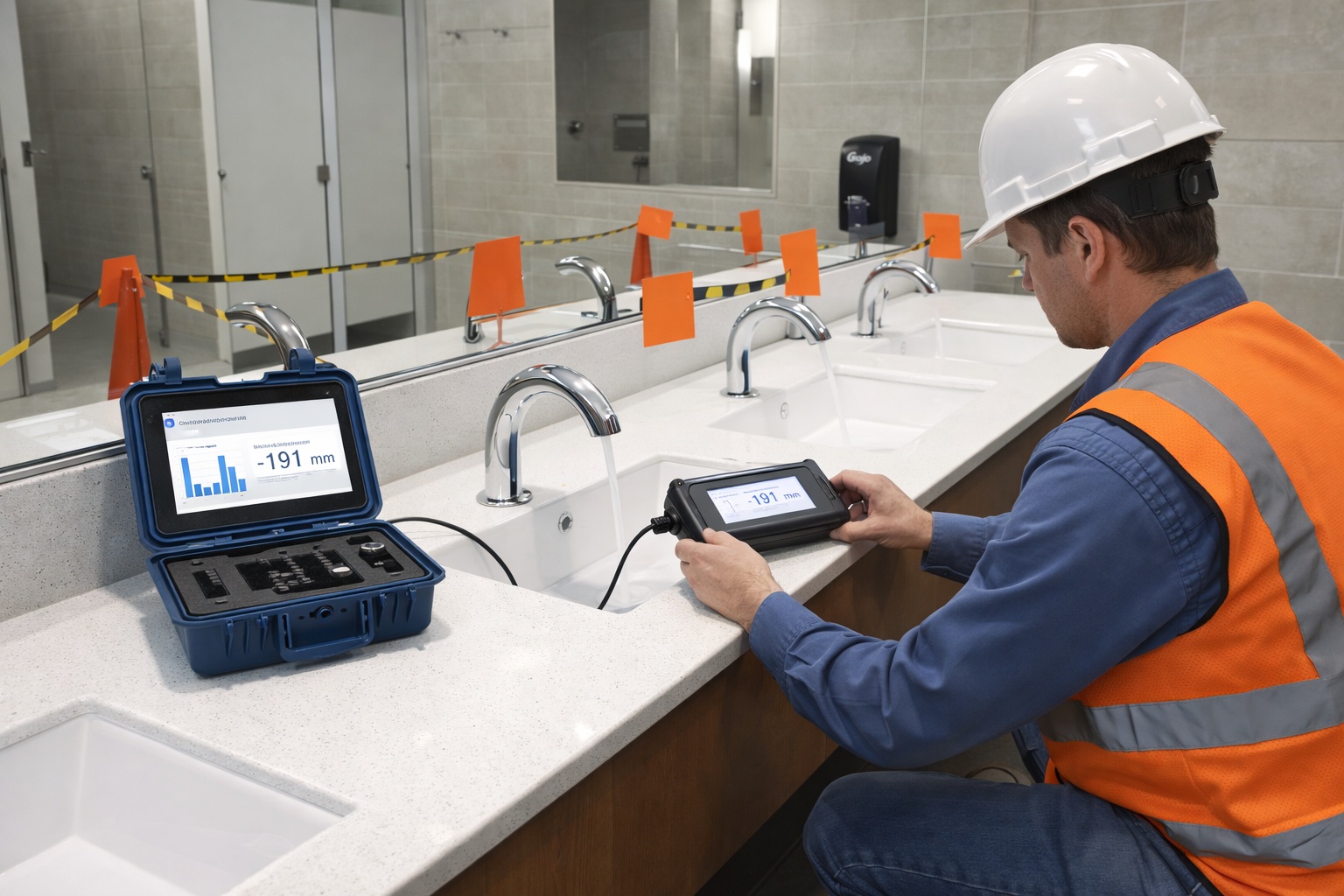 Installation and commissioning field setup for touchless faucet sensor tuning in finished restrooms